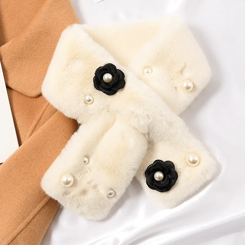 Korean Pearl Flower Faux Rabbit Fur Cross Thick Warm Plush Scarf Women Winter Outdoor Windproof Neck Protection Fake Collar Bib