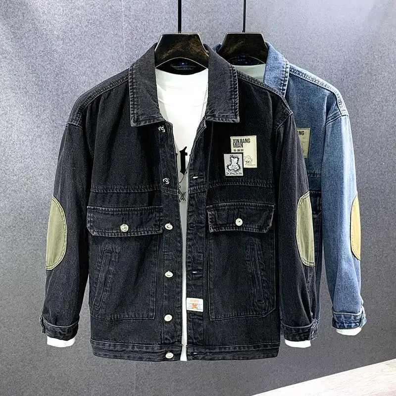 Cargo Splicing Male Jean Coats Black Plus Size Men's Denim Jacket Elatic Outwear Washed High Quality Low Cost Y2k Lxury Price L