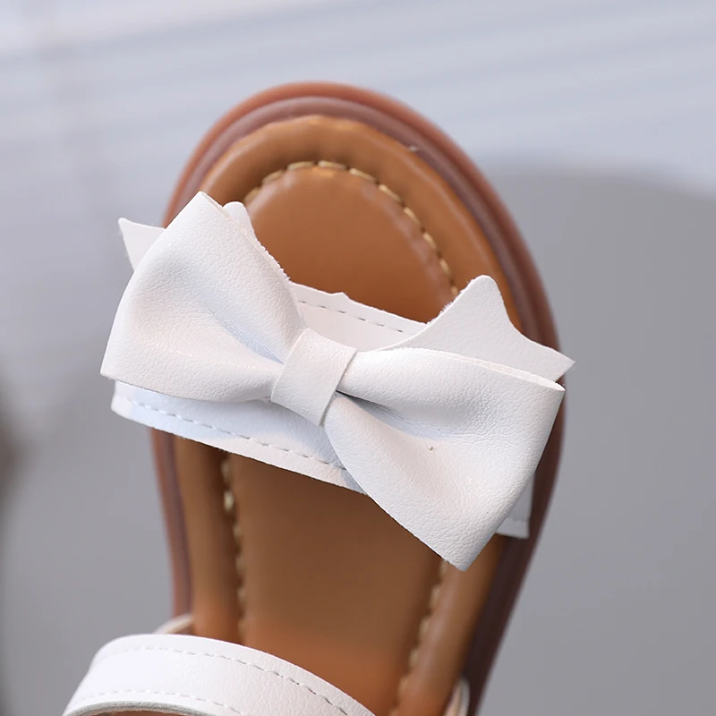 Little Children Sandals Ankle Strap Bowknot Black White Girl\'s Sliders 21-30 Toddler Pu Leather Flexiable Summer Kids Flat Shoes