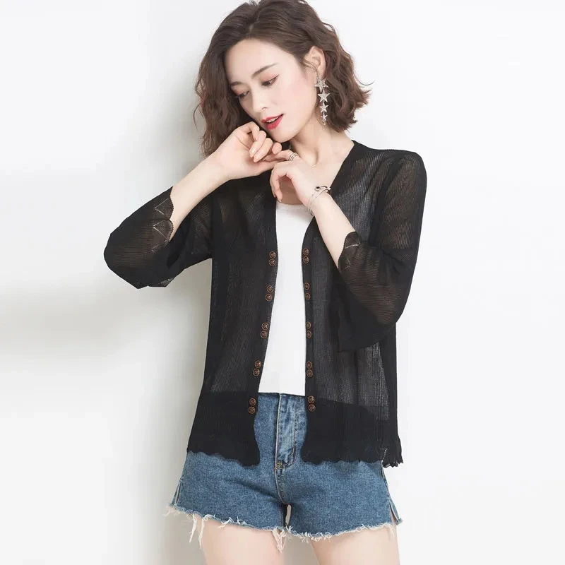 Ice Silk Knitted Cardigan Women\'s Jacket 2022 New Summer Autumn Thin Shawl Coat Short Sun Protection Clothing Female All Match