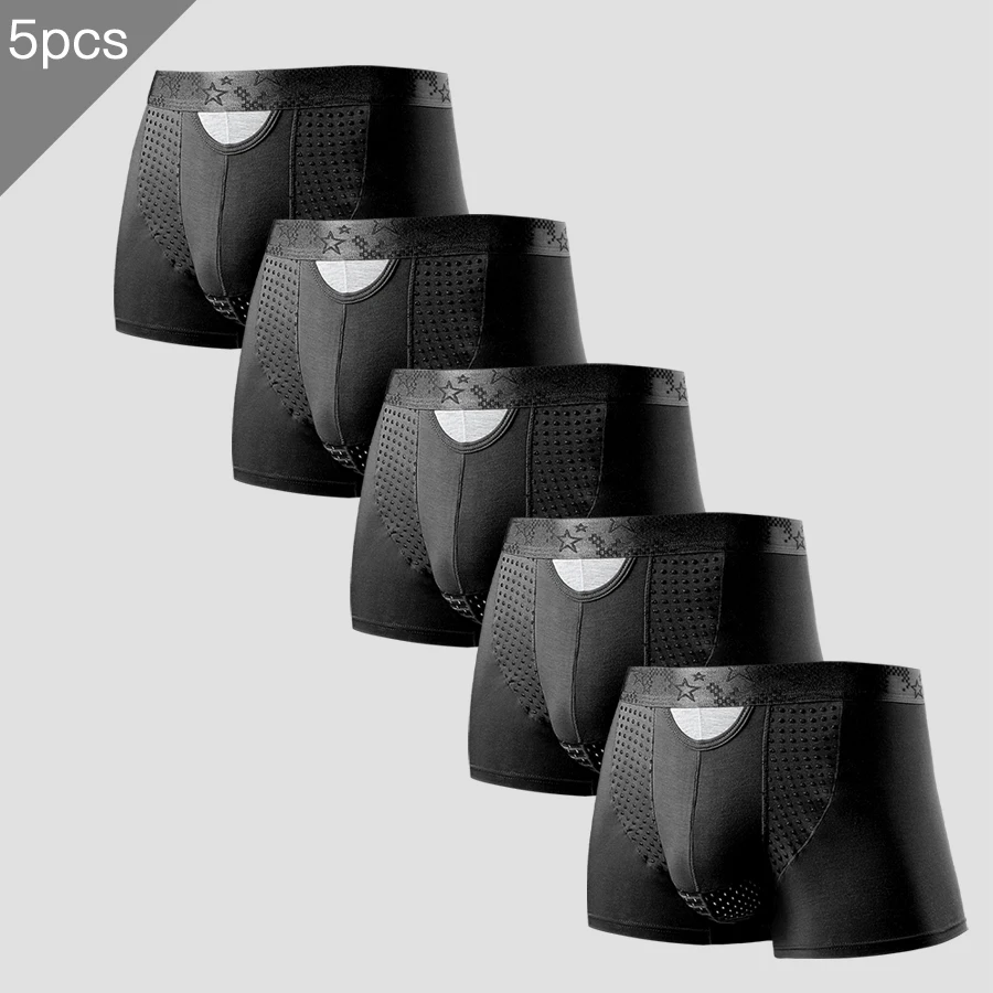 5 قطع ملابس داخلية منفصلة للرجال، سراويل سفلية من الوريد لدعم الصفن، سراويل رياضية ذات زاوية مسطحة منحنية من الحرير الجليدي