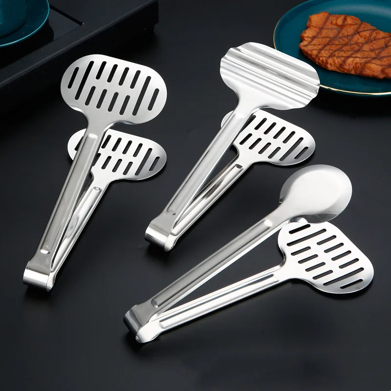 Stainless Steel Round Hollow Food Tongs Drain Oil Clamp Bread Steak Clip Barbecue Tools Kitchen Cooking Utensils