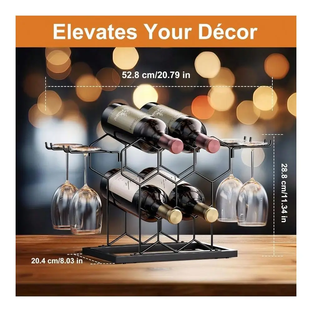 

Wine Rack 3 Tier, Wine Rack With Glass Holder 8 Bottles, Freestanding Small Liquor Holder Metal, Tabletop Bottle Storage Stand