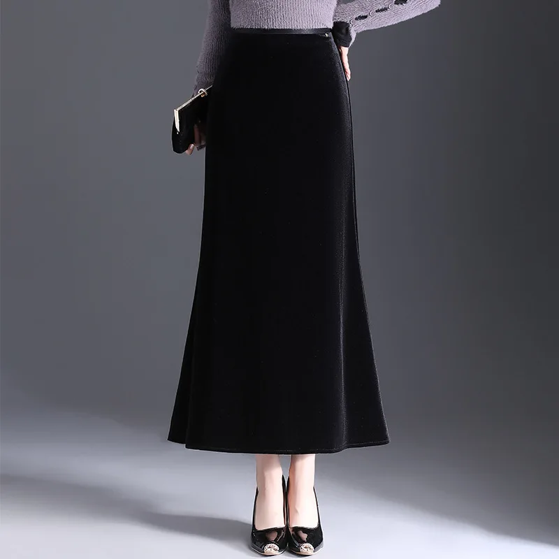 ZUZK Golden Velvet Wrapped Hip Skirt 2024 Autumn Winter New Style Temperament One Step Skirt Show Thin Casual Long Skirt