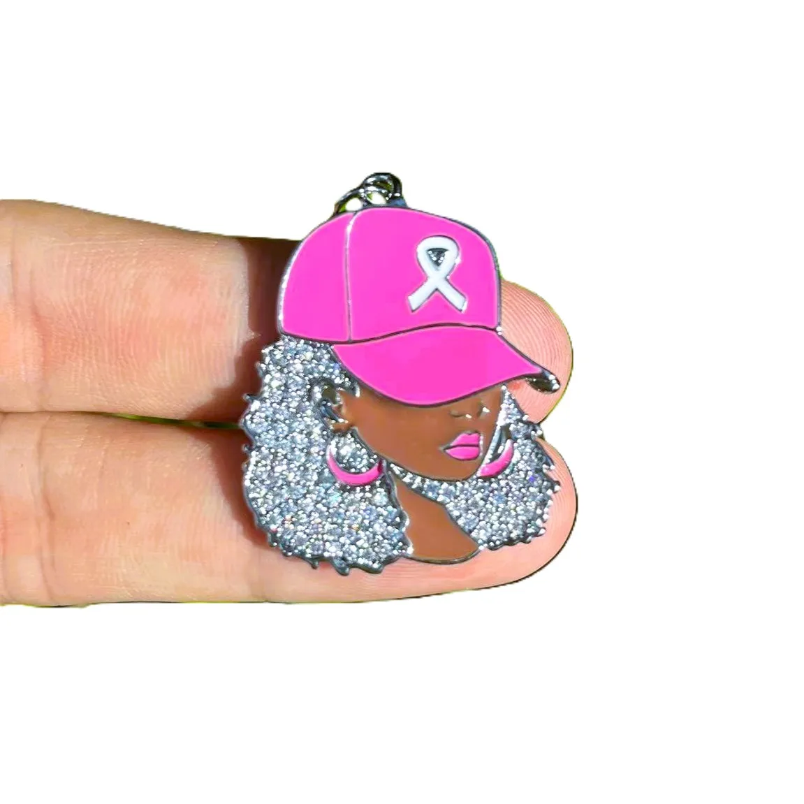 5Pcs/Lot Zirconia Paved Copper Breast Cancer Awareness Pink Ribbon Black Girl Charms for Jewelry Bracelet Acessories