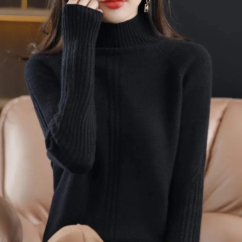 2023New Pullover Sweater Women Autumn Winter Korean Loose Long Sleeve High Collar Knitwear Bottoming Solid Casual Sweater Female