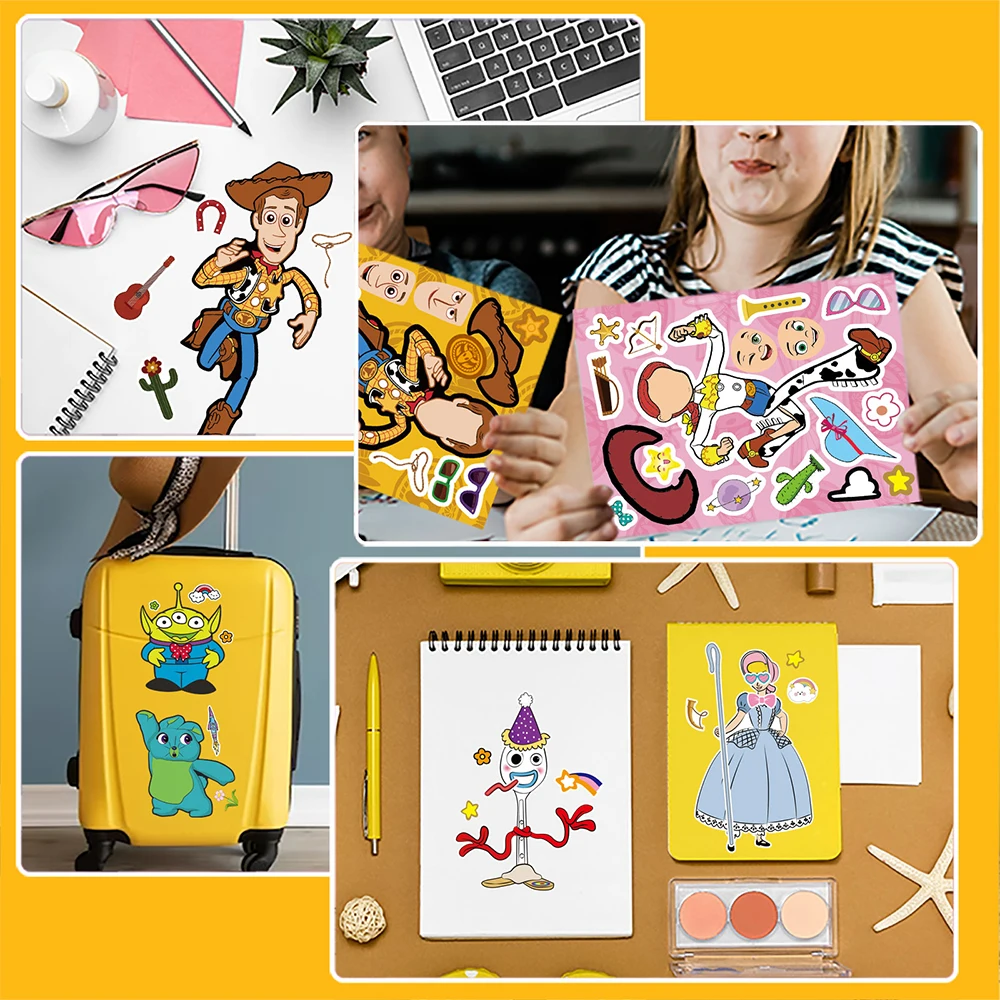 8/16 lembar mainan Disney cerita lucu stiker Puzzle membuat wajah permainan anak-anak stiker mainan merakit Jigsaw anak-anak pesta stiker permainan