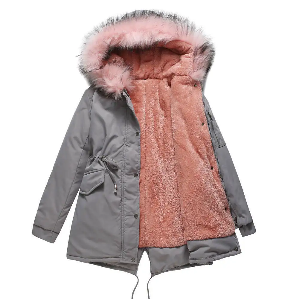 European size parka cotton coat medium length hooded winter warm plush coat cotton coat 2024