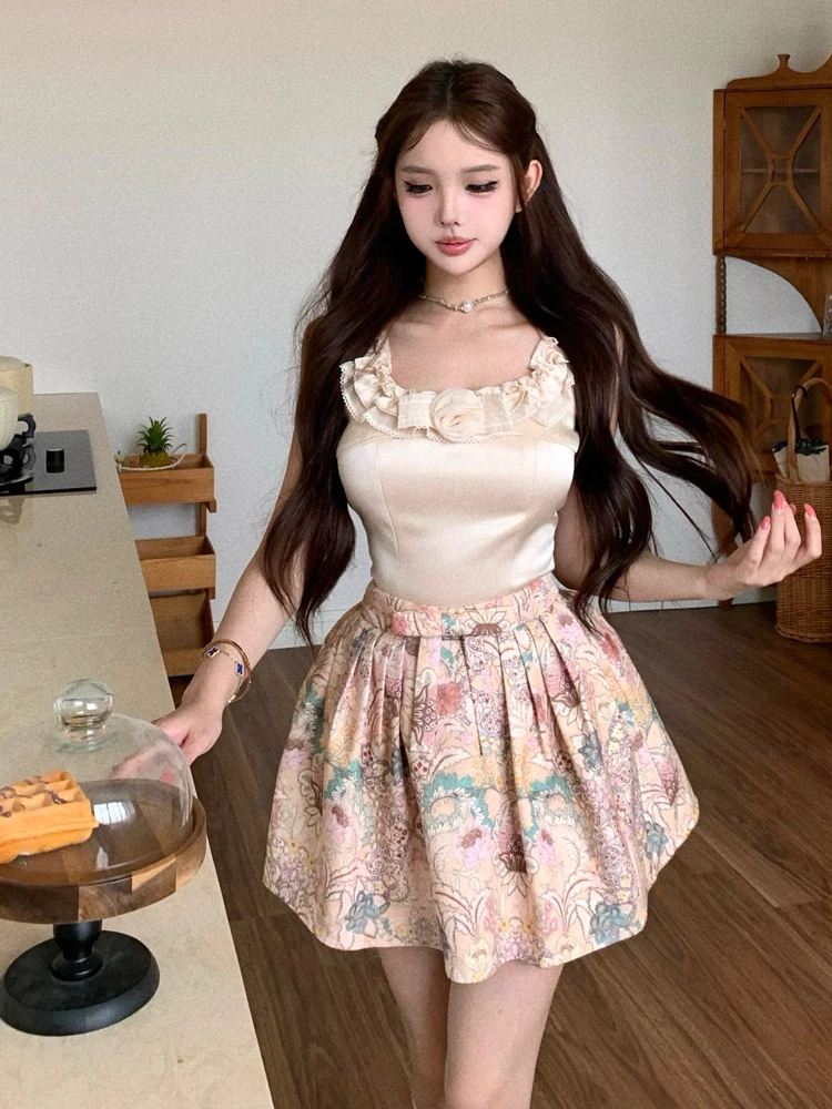 

Retro Sweet Princess Feel Knot Sleeveless Top And Puffy Skirt Set Floral Print Half Skirt Ensemble Summer Fashion