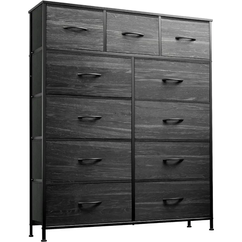 Unit With Fabric Bin, Steel Frame, Wood Top, Easy Pull Handle, Charcoal Black Wood Grain Print Storage Drawers Closet Organizer