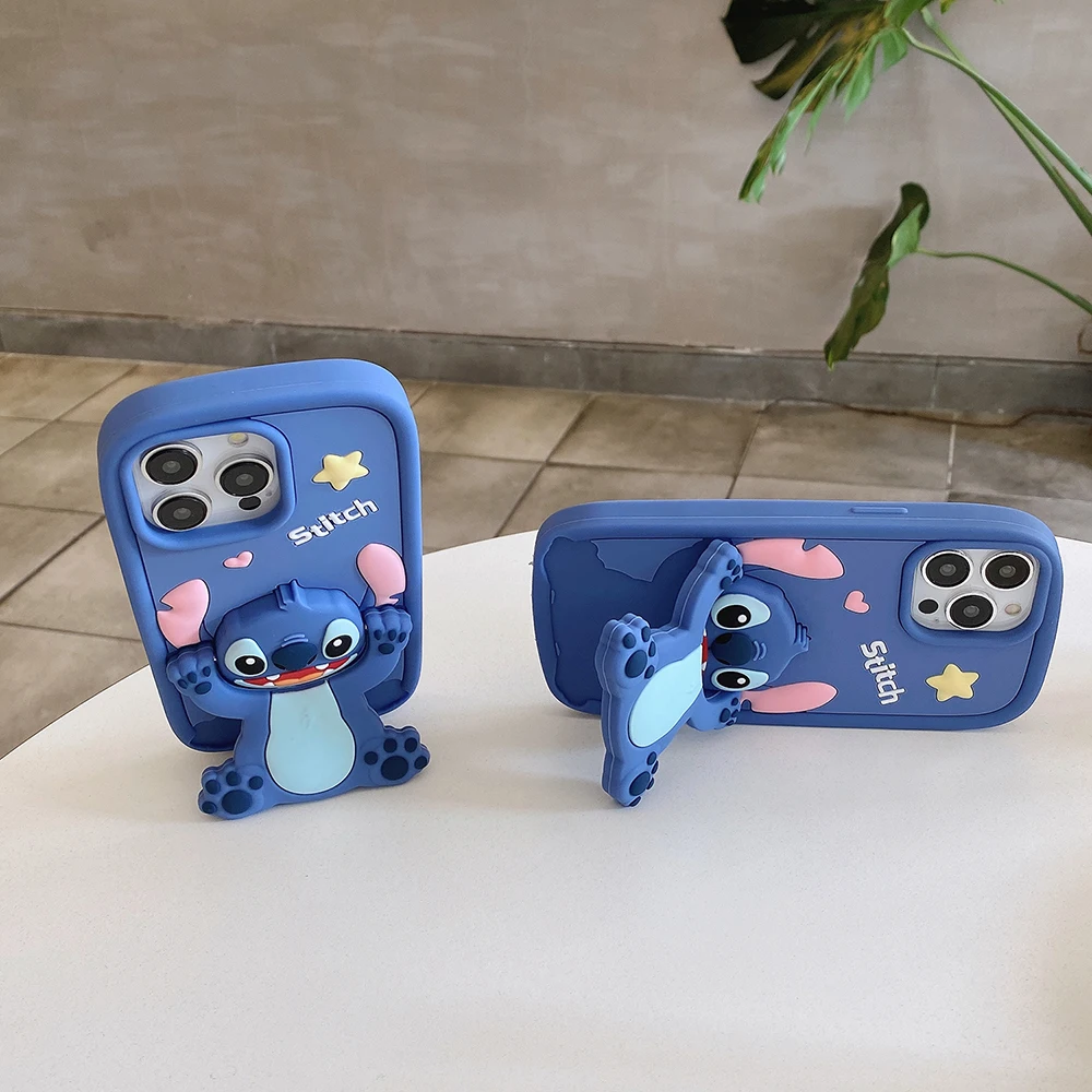 For iPhone 16 15 14 13 12 11 Pro Max Kawaii 3D Cartoon Stitch Case Soft Silicone Cover With Makeup Mirror Stand Holder