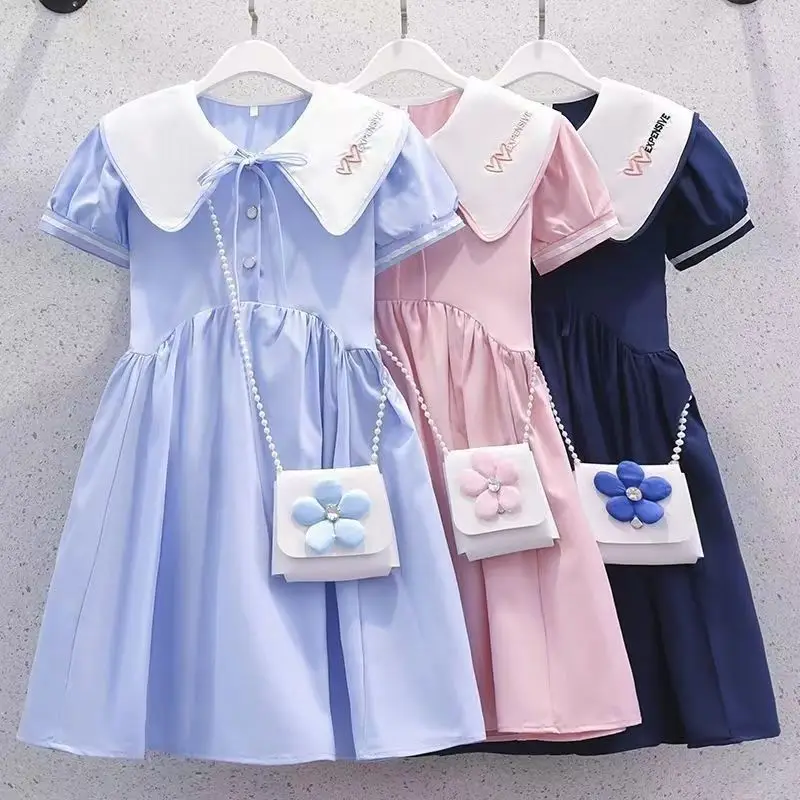 

110-170/Girls Dress Back to School Dress New Girls Lovely A-line Princess Dress Children's Embroidered Short Sleeve Girl Dresses