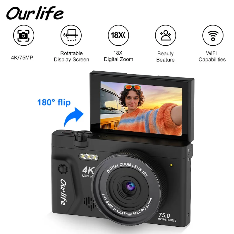 Ourlife 4K Compact Digital Photography Camera 18X Digital Zoom Vintage Vlog Video Recorder 3.0'' 180° Flip Screen WiFi Web Cam