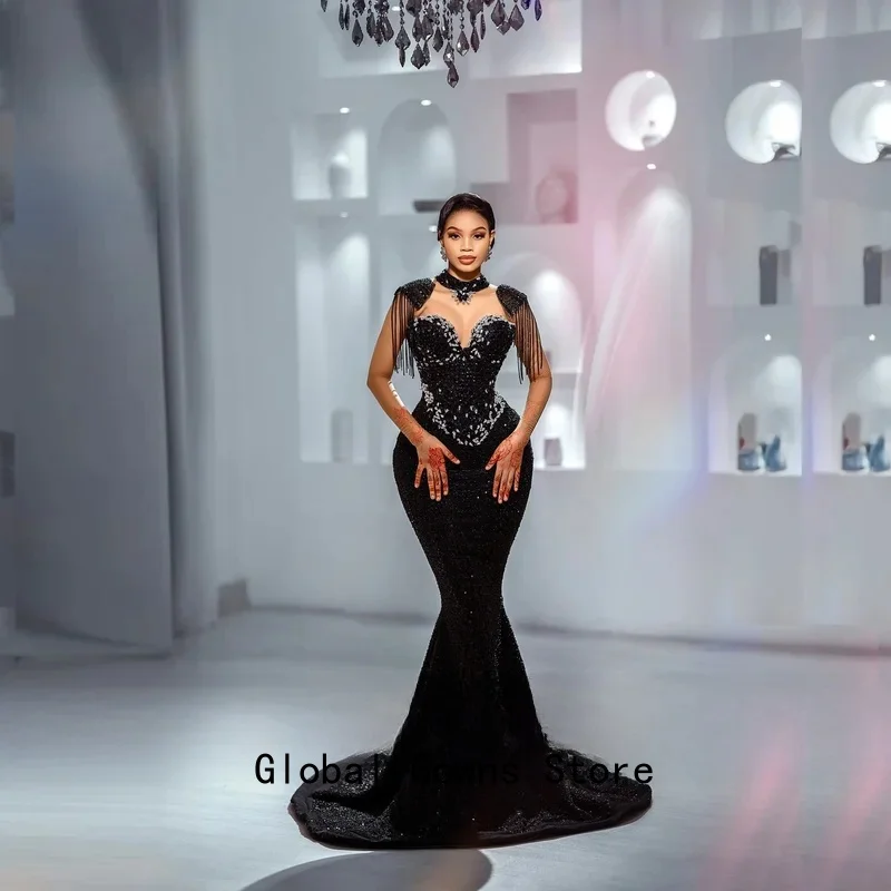 Elegantes Abendkleid mit langen Pailletten, Vestido de Festa, Meerjungfrau-Partykleider, schwarz, transparente Netzärmel, Quasten, Perlen, Ballkleider