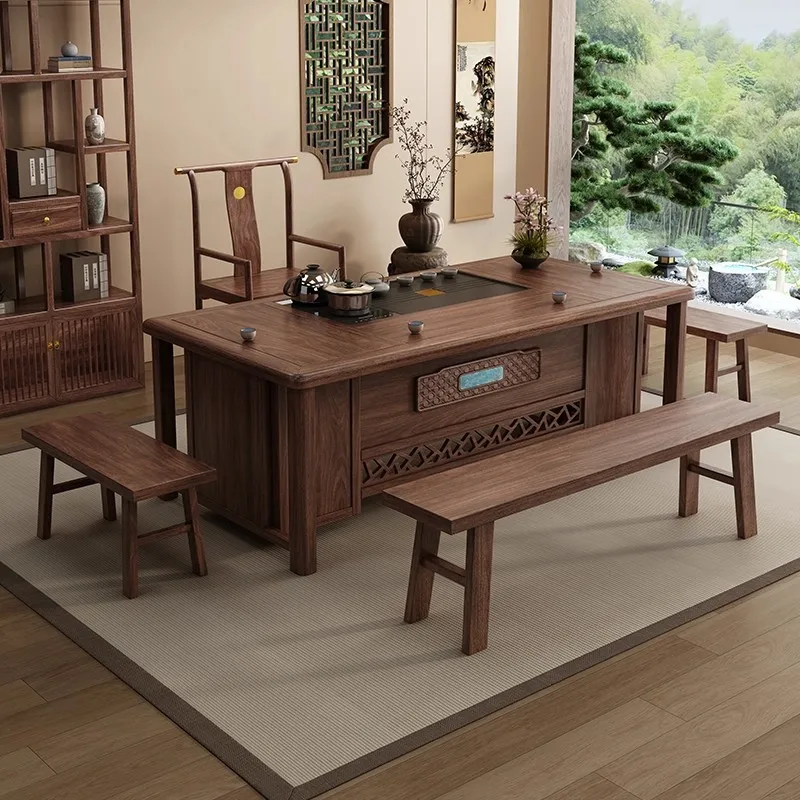 New Chinese walnut solid wood large board tea table and chair combination office solid wood tea table simple kung fu home tea ta