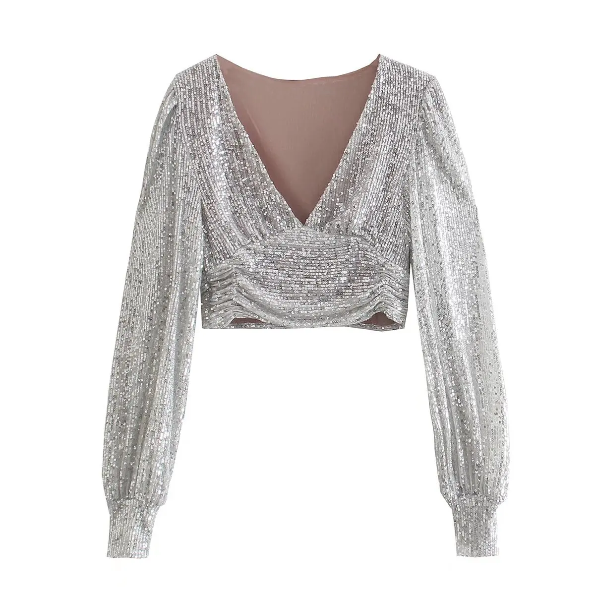 

Autumn and Winter Elegant Sequined Tops 2021 Spring Fashion Ladies Retro Silver Tops Party Women Sexy V-neck Tops Chic Clothes