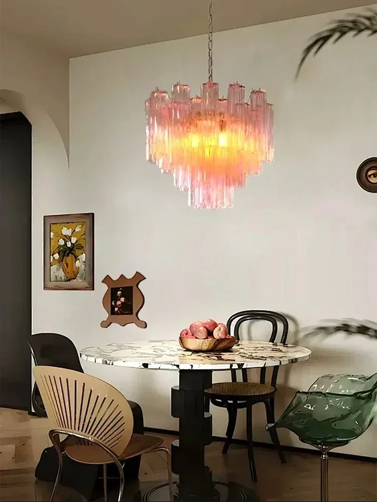 Italian Designer Vintage Texture Glass Ceiling Chandeliers Transparent Pink Home Decoration Hanging Lamps For Living Room Lustre