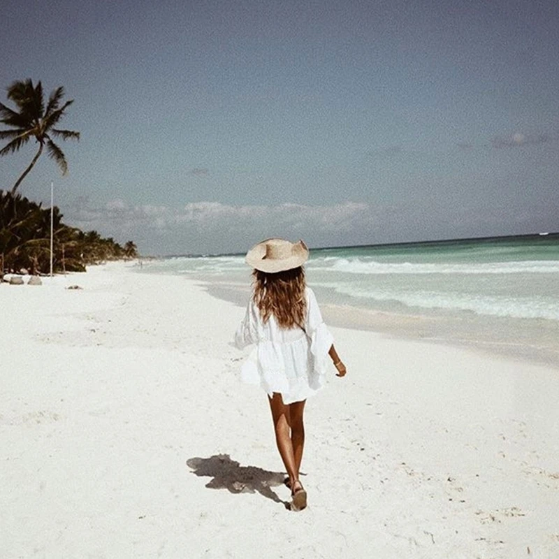 Frauen-Shirt-Badeanzug-Abdeckung, Trompetenärmel, Strandkleid für Sonne zum Schutz