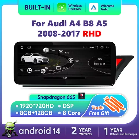 차량용 라디오 GPS 멀티미디어 플레이어, 아우디 A4 B8 A5 2008-2017 RHD 8 + 128GB IPS 스크린, 자동 스테레오 카플레이, 4G SIM, 와이파이, 안드로이드 14
