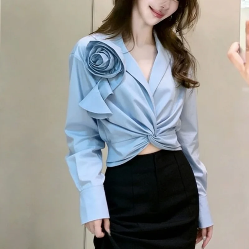 Women Blue Cropped Blouse 3D Rose Flower Decor Long Sleeve V Neck Twisted Knot Front Shirt Elegant Office Lady Tops