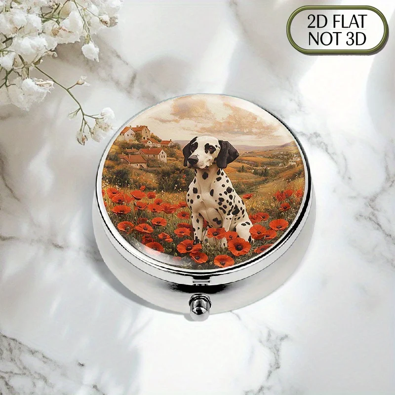 A flat, portable, round metal pill box featuring a scene of a Dalmatian dog in an English countryside surrounded by poppy fields. It is suitable for storing medication, vitamins, small accessories, coins, or as a gift for friends and family during summer events (such as Father's Day). Flat design