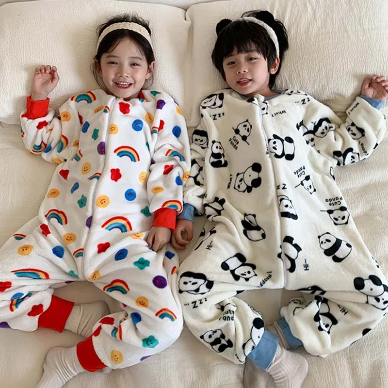 Winter Children Pajamas Autumn Flannel Thickened Split Leg Zipper Sleeping Bag Kids Baby Girls Boys Warm Plush Toddler Jumpsuit