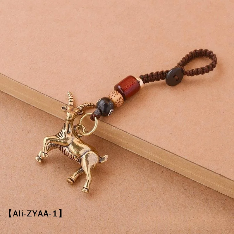 【A】Brass Goat Key Chains Small Ornament Antique Copper Zodiac Animal Sheep Car Keychains Miniature Figurines Accessory