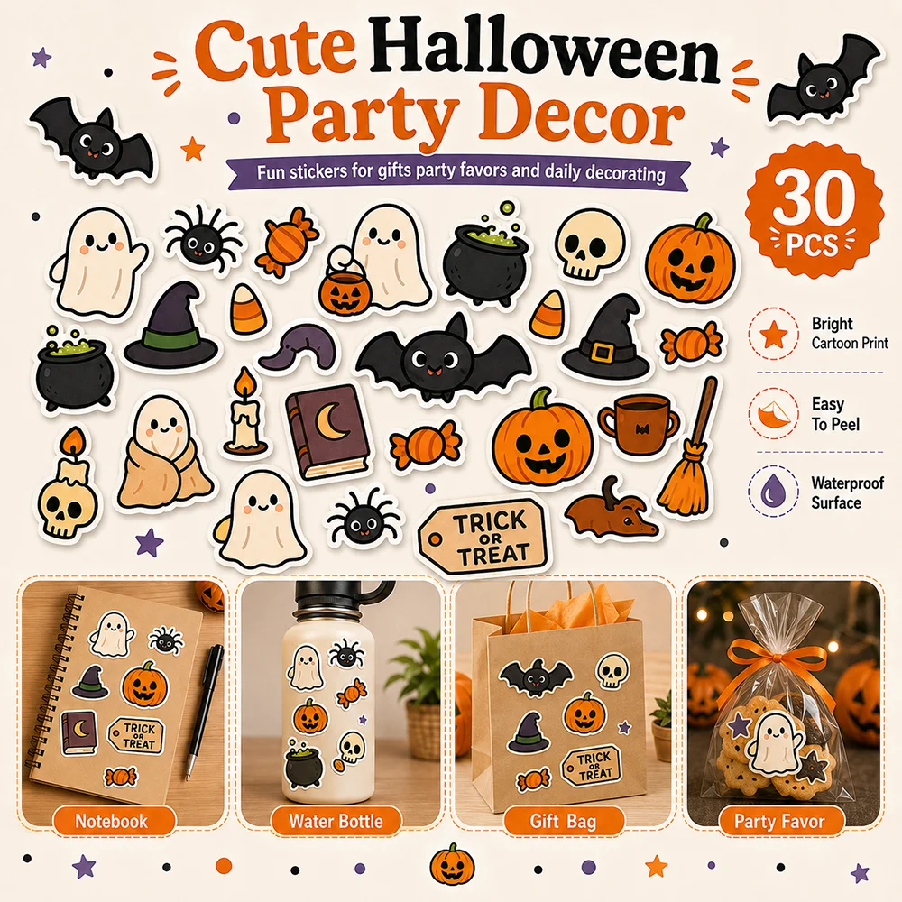 30PCS Halloween Sticker Set Cute Pumpkin Ghost Bat Skull Vinyl Decals Waterproof Stickers for Laptop Bottle Phone Case Notebook