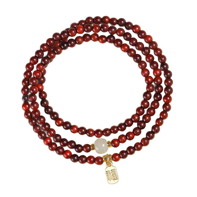 Natural Blood Sandalwood Mini Beaded Bracelets for Women Retro Hetian Fortune Charm Triple Wrap Couple Bracelets Gifts