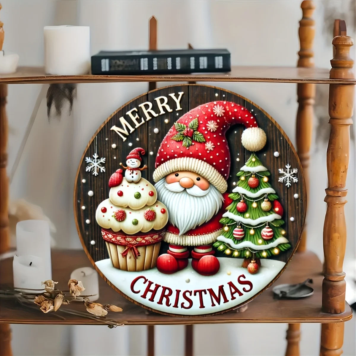 لافتة عيد الميلاد من الألومنيوم الريفية ثنائية الأبعاد، تصميم رجل الثلج باللون الأخضر الدائم | ديكور حائط للعطلات في المزرعة للاستخدام الداخلي/الخارجي #5