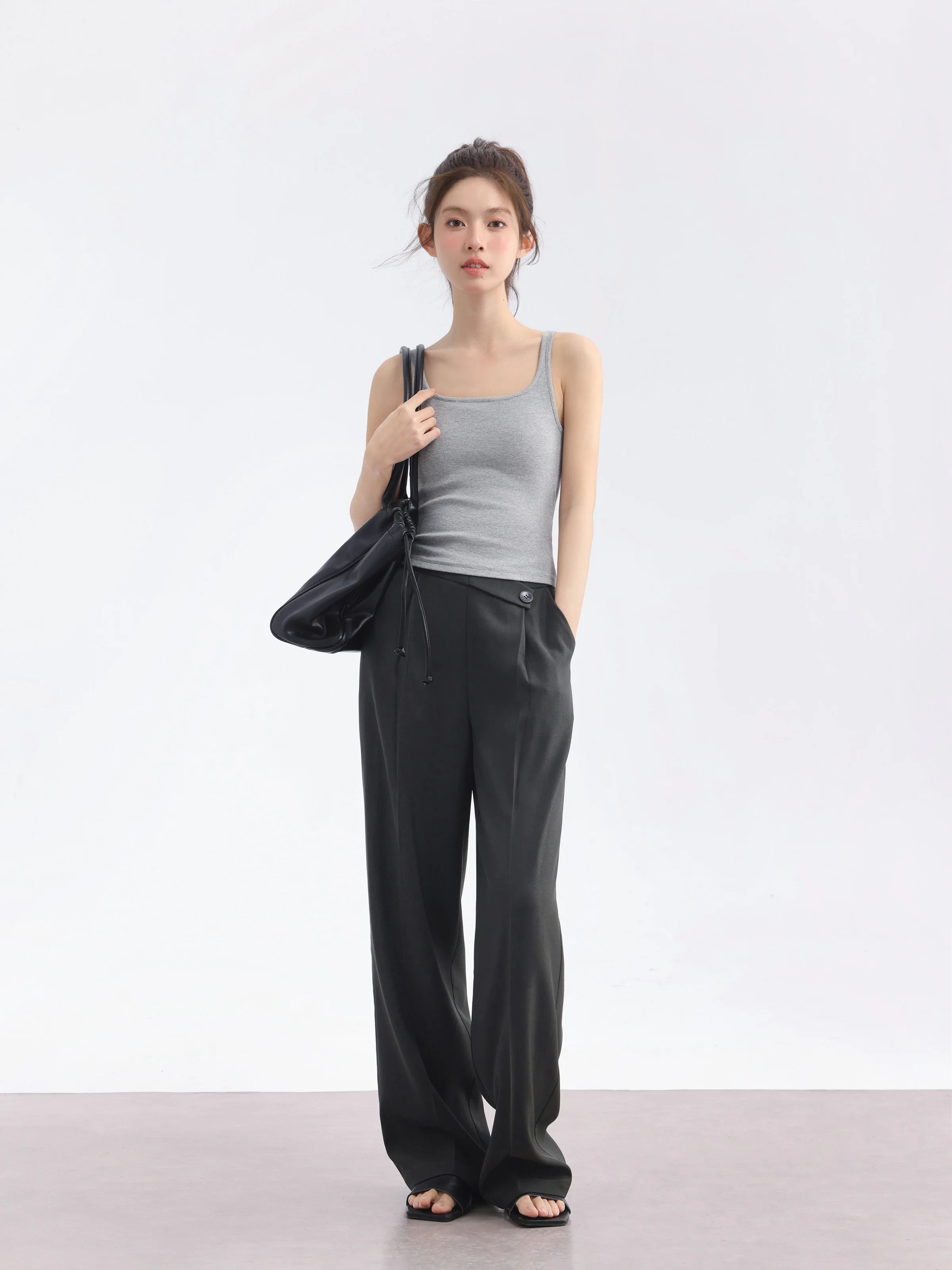 Gray High Waist Wide Leg Trousers Women Summer Draped Straight Leg Pants Slimming Loose Fit Casual Office Wear Chic Long Pants