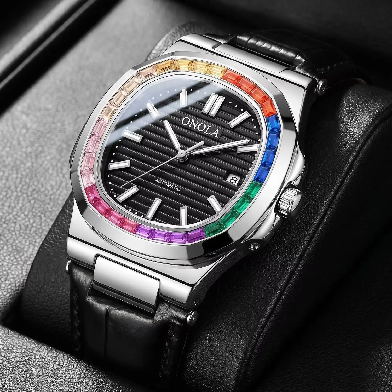 ONOLA Rainbow Diamond Bracelet Fully Automatic Men's Watch Octagonal Rose Gold Case Calendar Waterproof Fashion Mechanical Watch