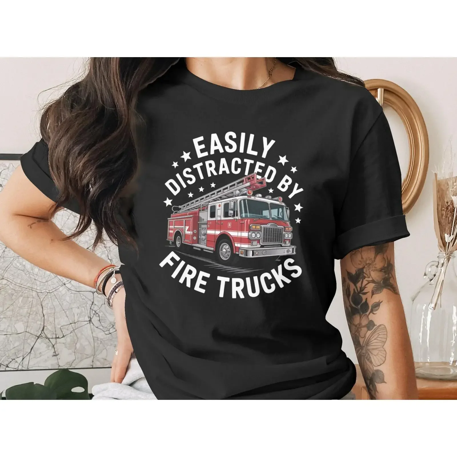 Easily Distracted By Fire Trucks T Shirt SweaT Trending Firefighter Truck Lovers  vintage Washed fashion Unisex Stretched