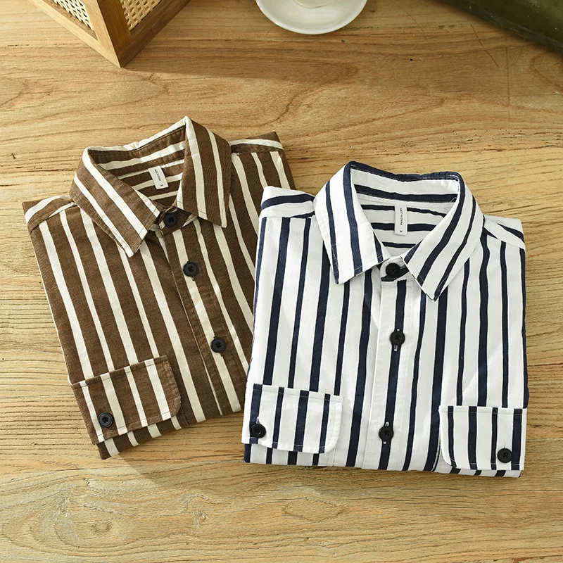 2023 Classic Men\'s Business Fashion Slim Pocket Lapel Stripe Long-sleeved Spring Autumn Men Casual Luxury Designer Shirt