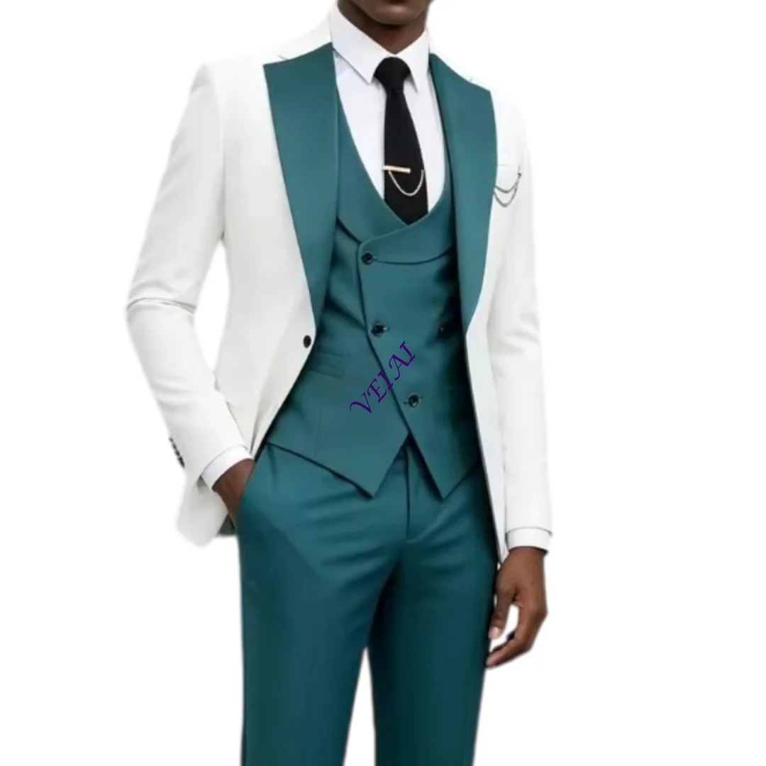 CustomizedMen 3 Piece White Teal Suit Color Block Blazer Vest Pants Set Slim Fit Peak Lapel Groom Wedding Prom Party Formal Tuxe