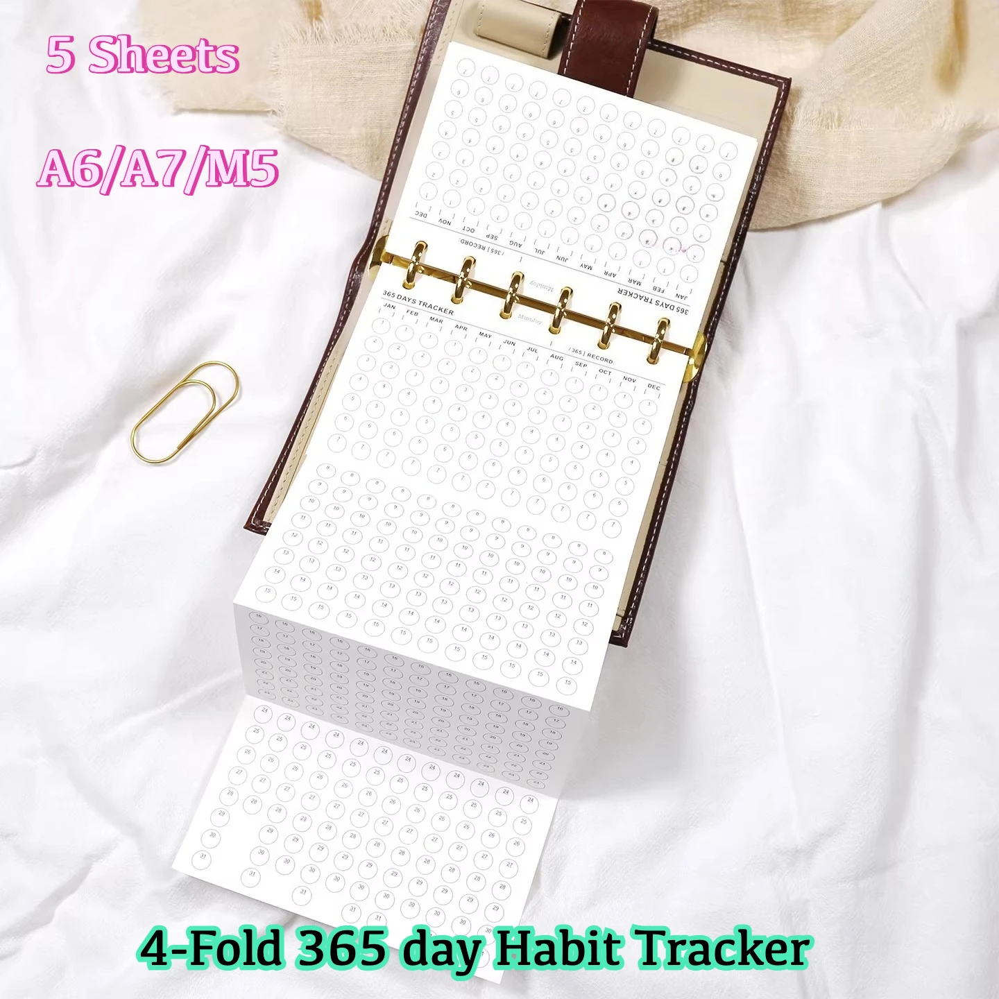 Fromthenon A6A7M5 5 Sheets 4-Fold 365 Days Habit Tracker Loose-leaf Notebook Replacement Core Daily Habit Tracker Schedule