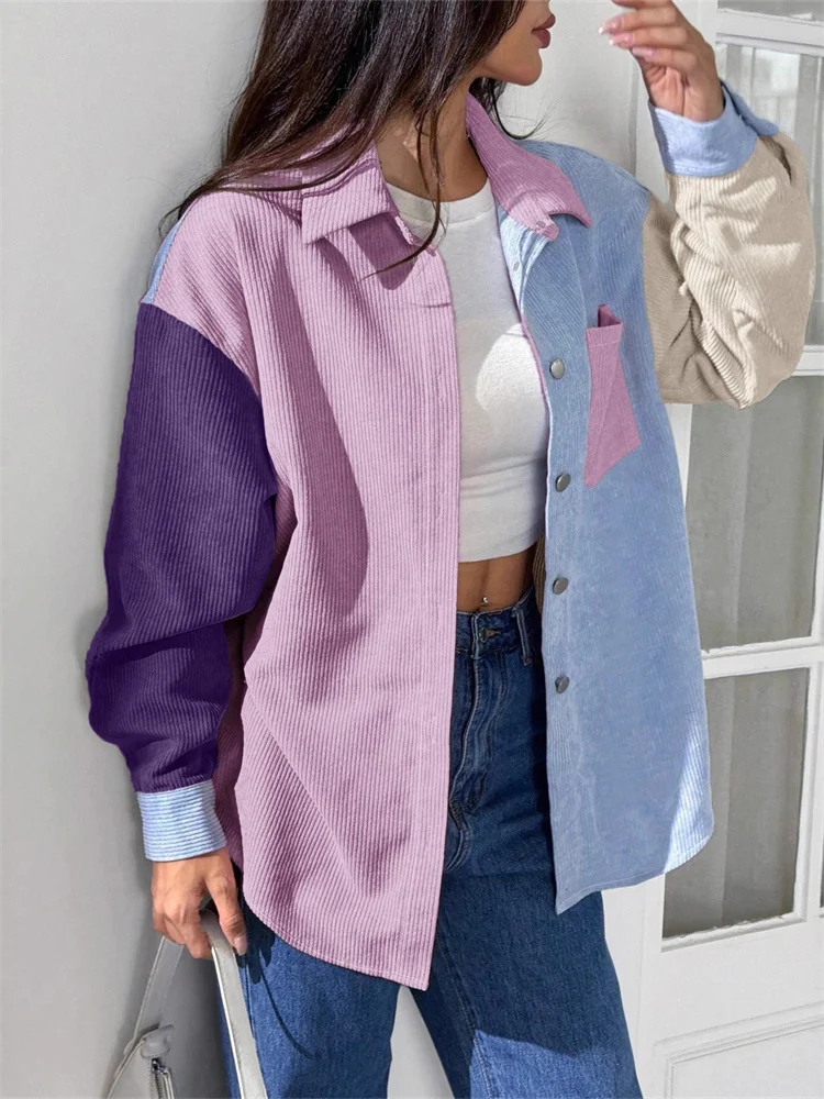 

Wmstar Plus Size Top Long Sleeved Shirt in A Loose Cotton and Patchwork Pockets Linen Color Combination New Style Fall Clothes