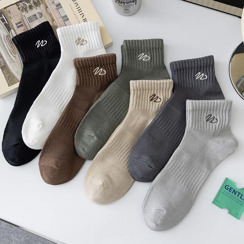 Men's Spring/Summer Thin Lettered Socks with Embroidery for Wicking and Antimicrobial Properties, Athletic Mid-Calf Cotton Socks