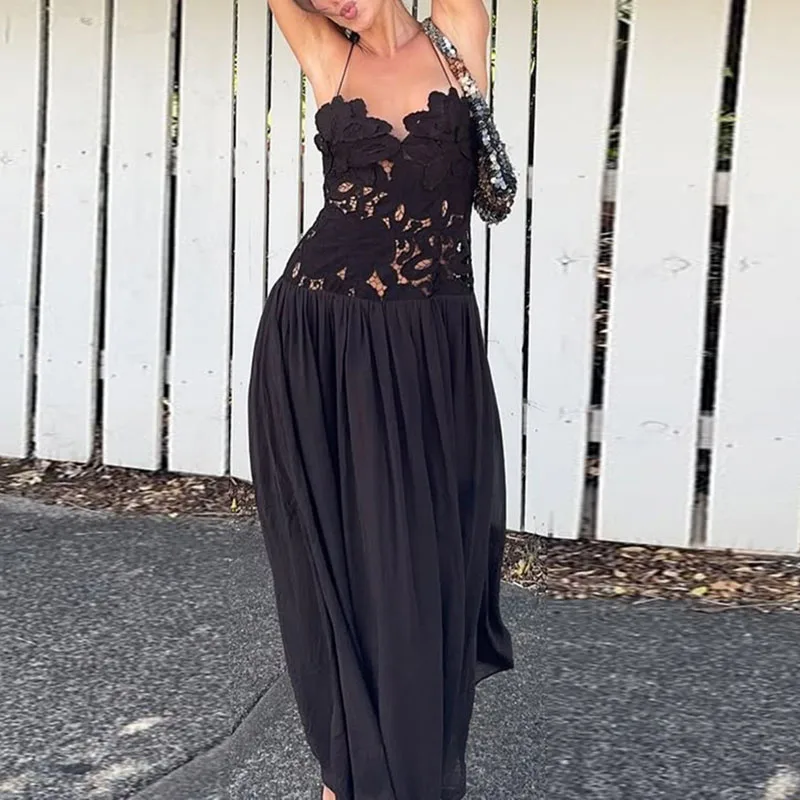 Casual Solid Lace Embroidery Woman Dress Sexy Sling Backless Crochet Long Dress Summer Sleeveless Jacquard Hollow Out Boho Dress