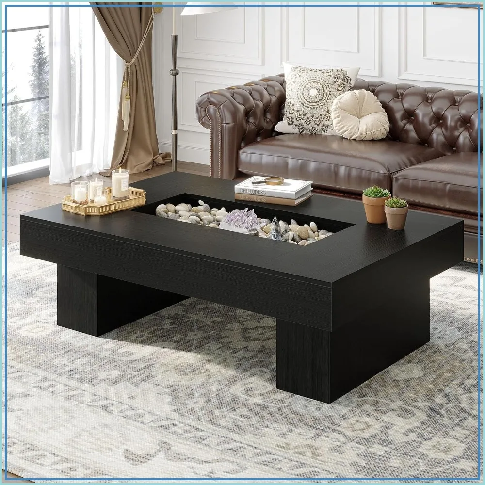 LVB 47x31 Inch Large Rectangle Black Oak Coffee Table with Storage for Living Room