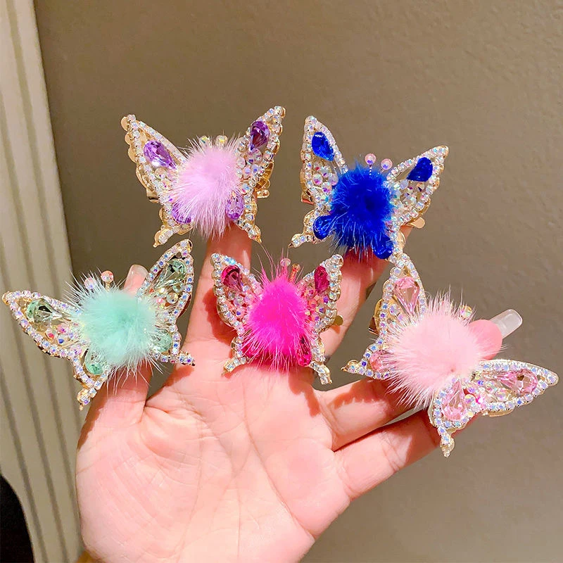 3D Movable Butterfly Hairpin Elegant Rhinestone Hair Clips For Women Fur Ball Barrettes Hair Clip Headwear Hair Accessories