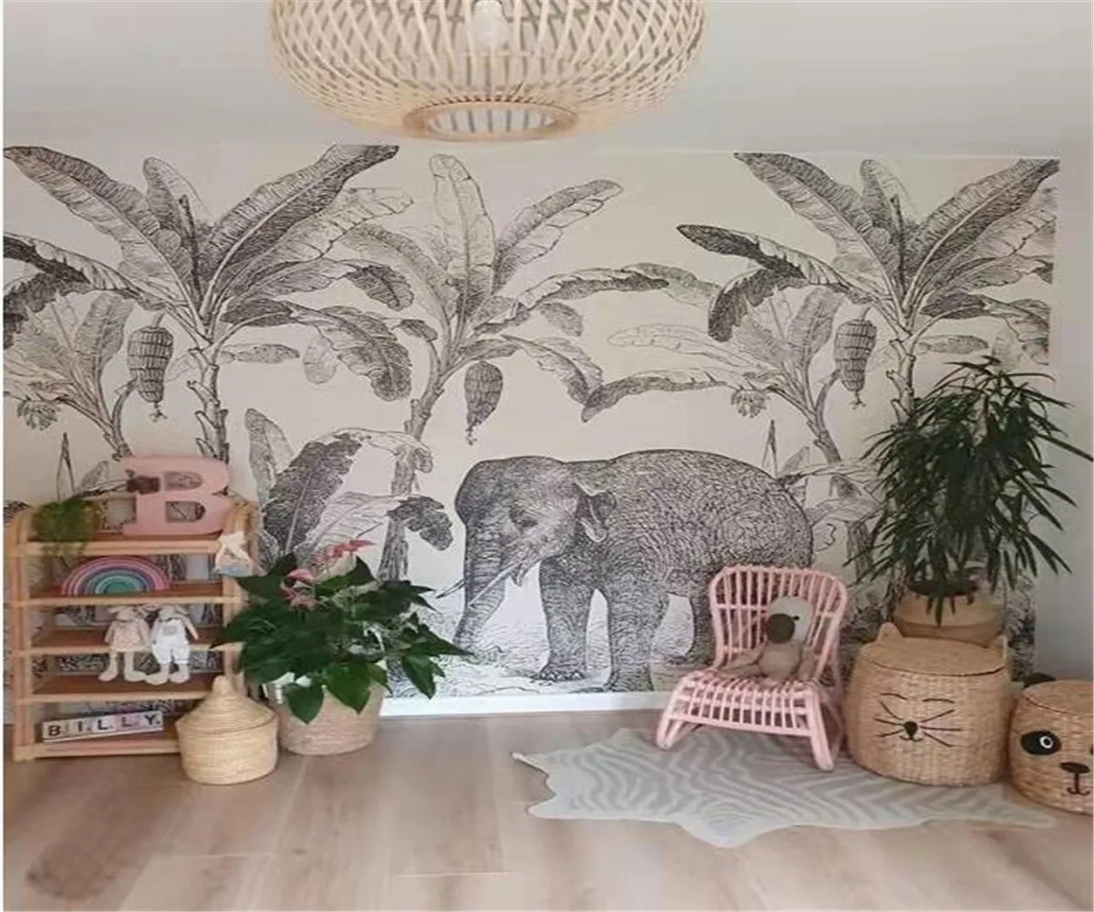 

Custom Wallpaper sketch elephant banana tree black and white background Mural home decoration children's room 3d Wallpaper photo