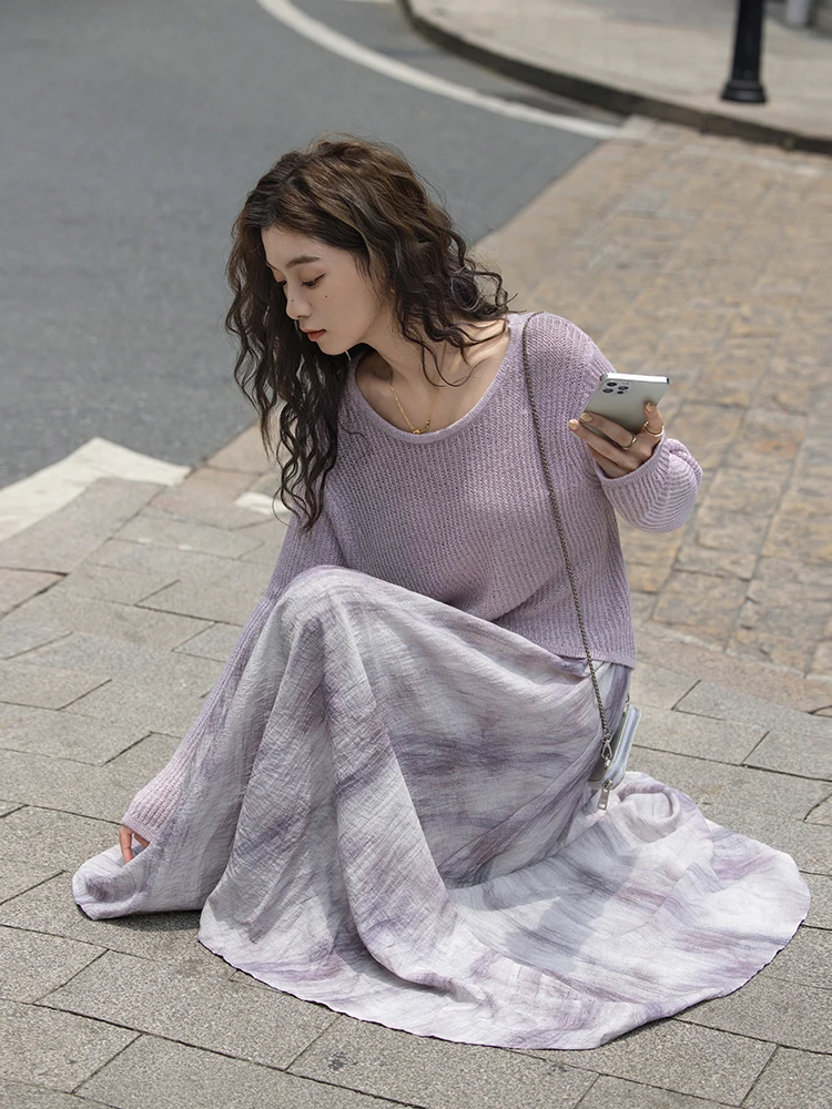 

Мягкий вязаный топ с круглым вырезом, пурпурный, повседневный, с длинными рукавами, свободного кроя, удобный, для работы и отдыха, модный, женский