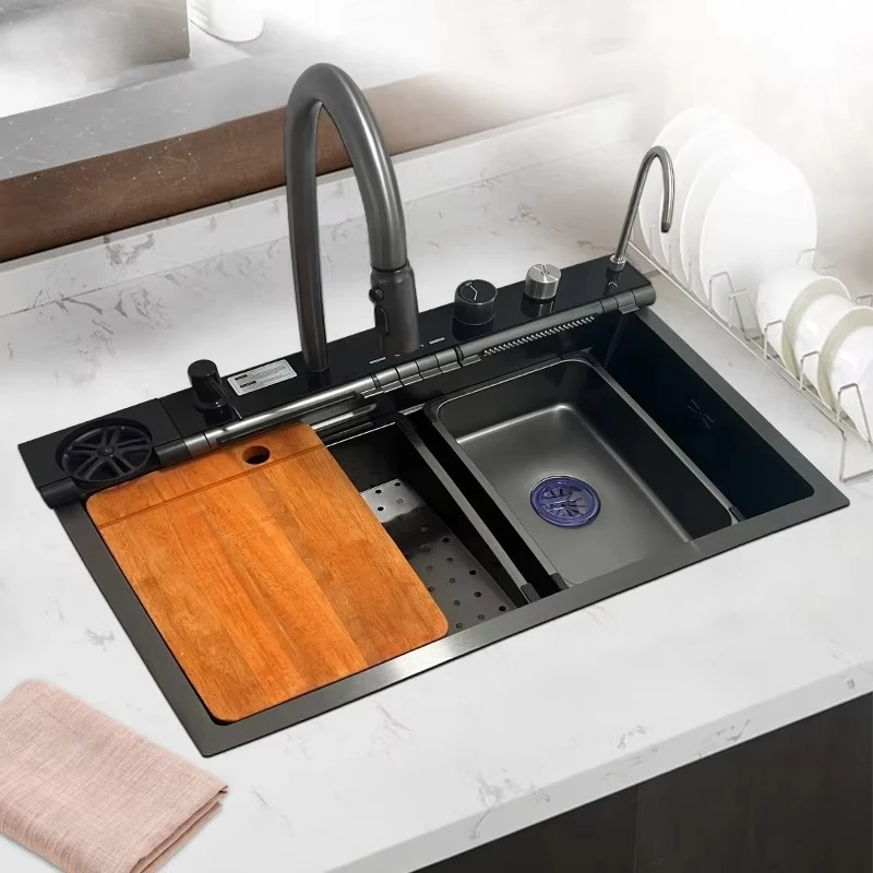 Sus 304 Stainless Steel Waterfall Large Kitchen Sink Water Fall Sink Smart Multifunction Digital Nano Kitchen Sink