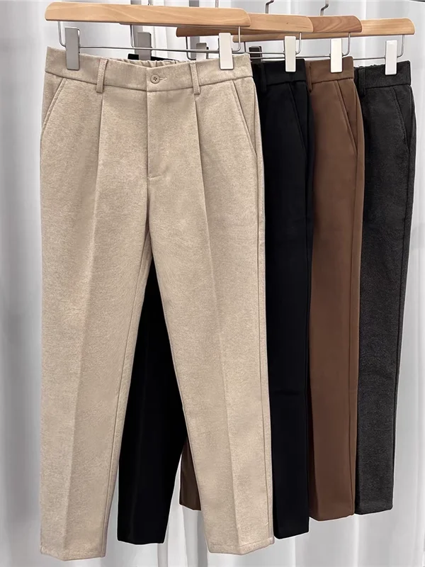 

Men's Woolen Trousers Loose Fit Elastic Waist Thi Winter Faion Retro Fabric Long Straight Casual Polyester Blend Youth Trend