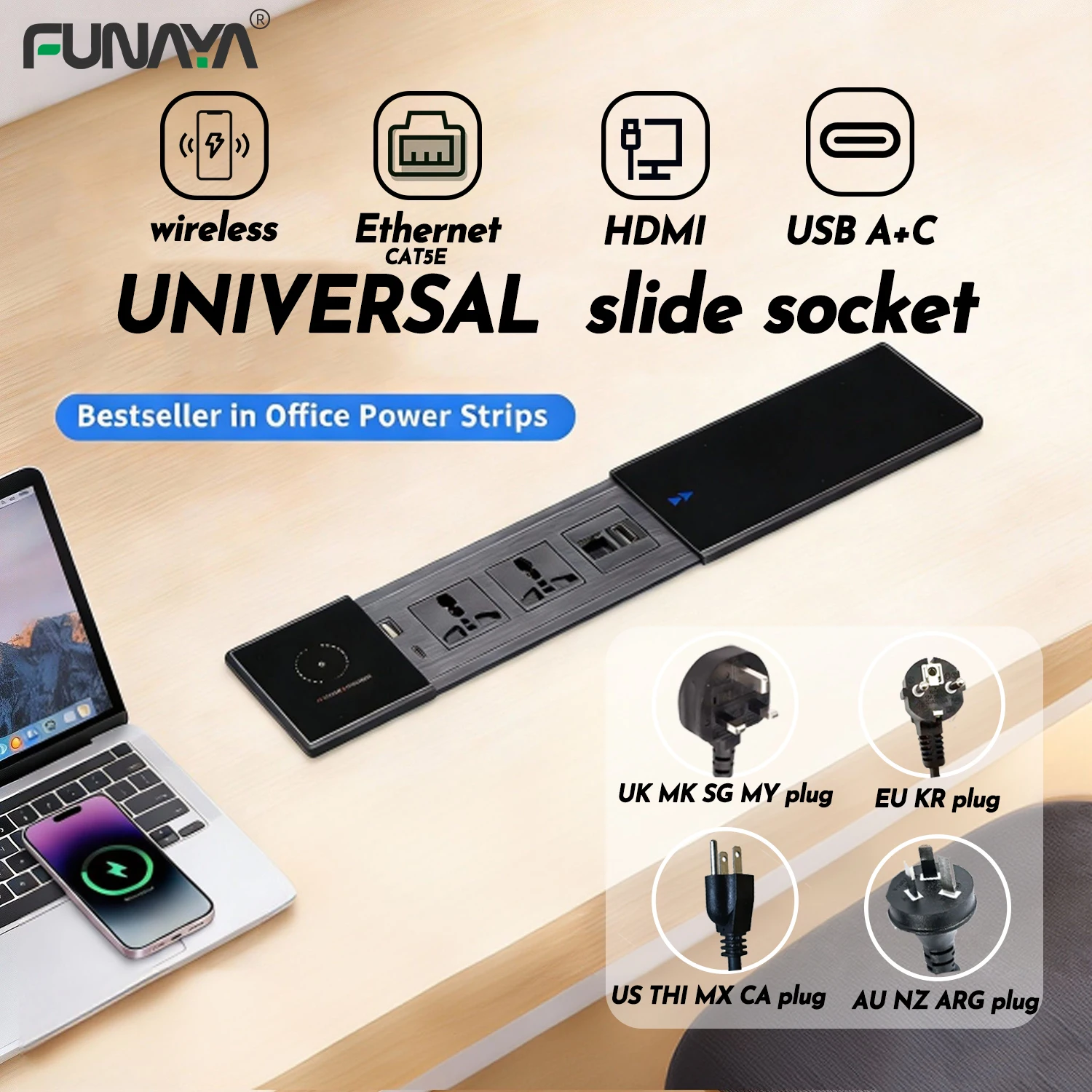 FUNAYA Universal Slide Countertop Socket EU US AU UK SG Plug with USB Type-c HDMI Ethernet Hidden Outlets for Furniture Desktop