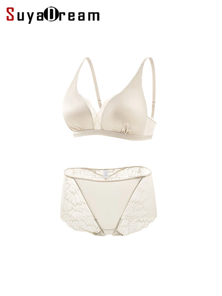 Image of SuyaDream, Damen-BH-Set aus Seide, 92 % echte Seide, 8 % Spandex, dünner Formkörbchen-BH, drahtlose Unterwäsche, 2026 Cozy Intimates, Pink, Champane