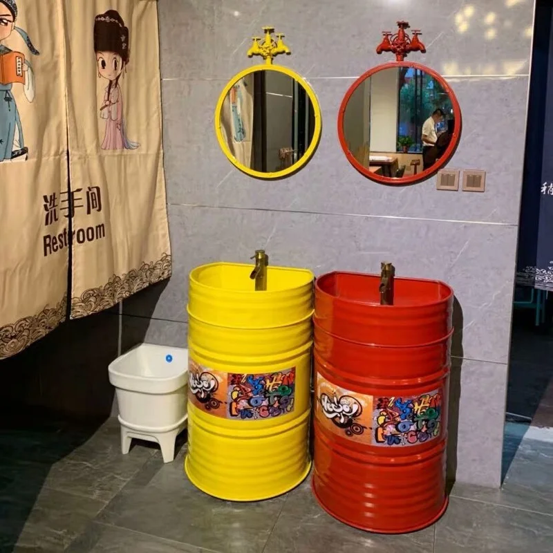 Wrought iron retro creative oil drum column basin bathroom floor basin industrial wind washing personalized wash basin pool