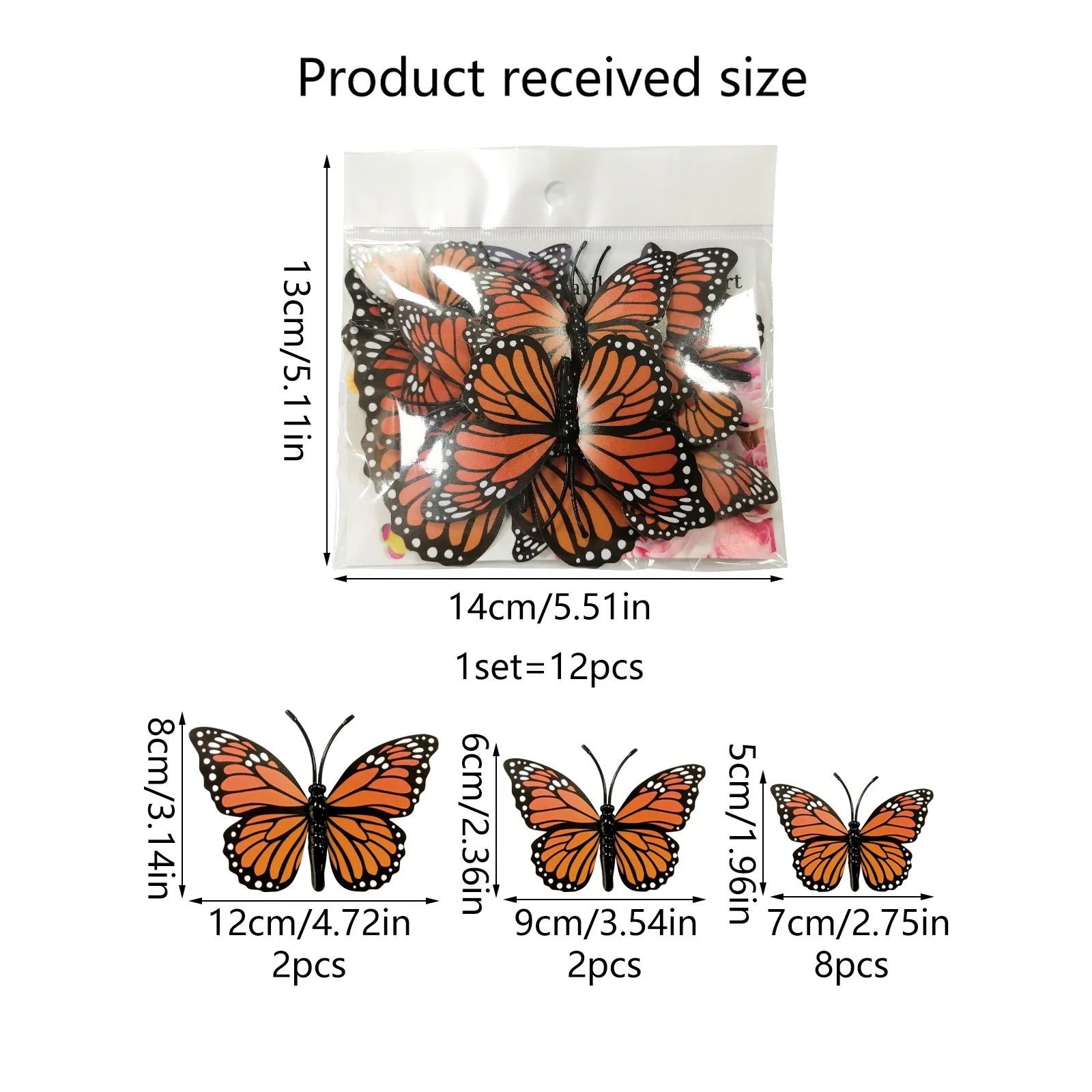 12PCS 3D Simulation Orange Black Butterfly Home Background Decoration Wall Sticker PVC Decoration Wholesale