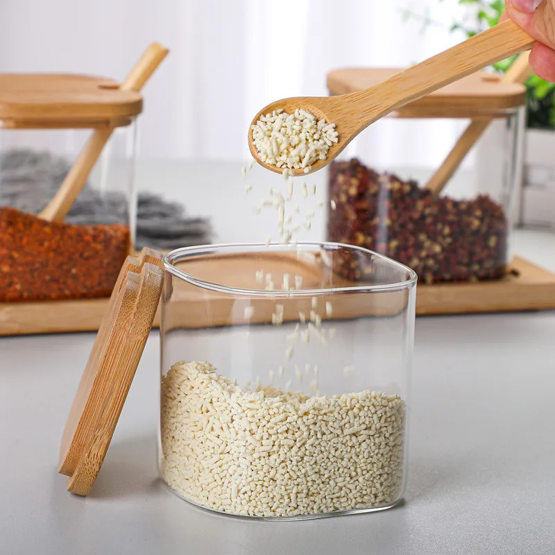 Glass Seasoning Jar Seasoning Bottle Home Salt Sugar Jar Spice Container Glass Spice Box Set with Wooden Spoon Kitchen Supplies